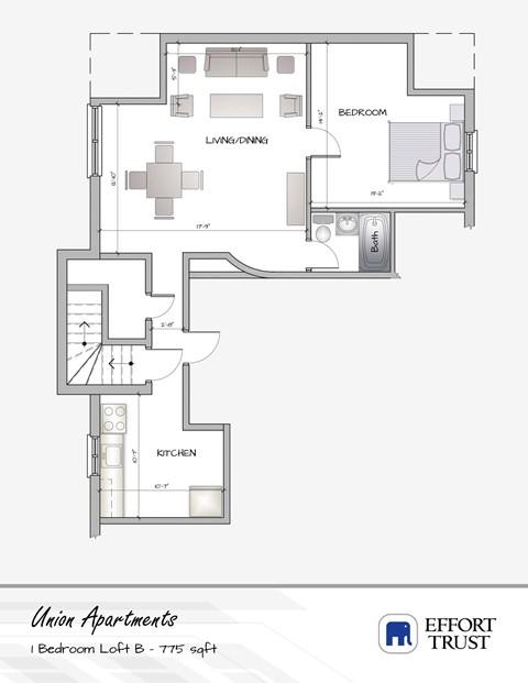Floor plan for 1 bed, 1 bath, 700 sqft